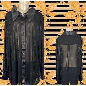 Nightfall +6 Black Button Down Sheer Chiffon Satin Collar/Trim Long Sleeve Shirt